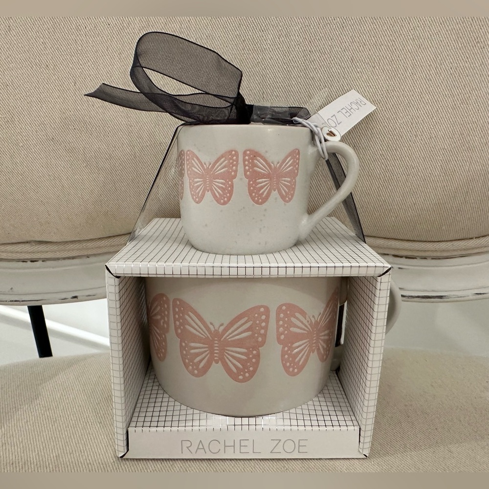 🦢 Rachel Zoe Mommy & Me 2 Piece Pink Butterfly Ceramic Mug Set NWT